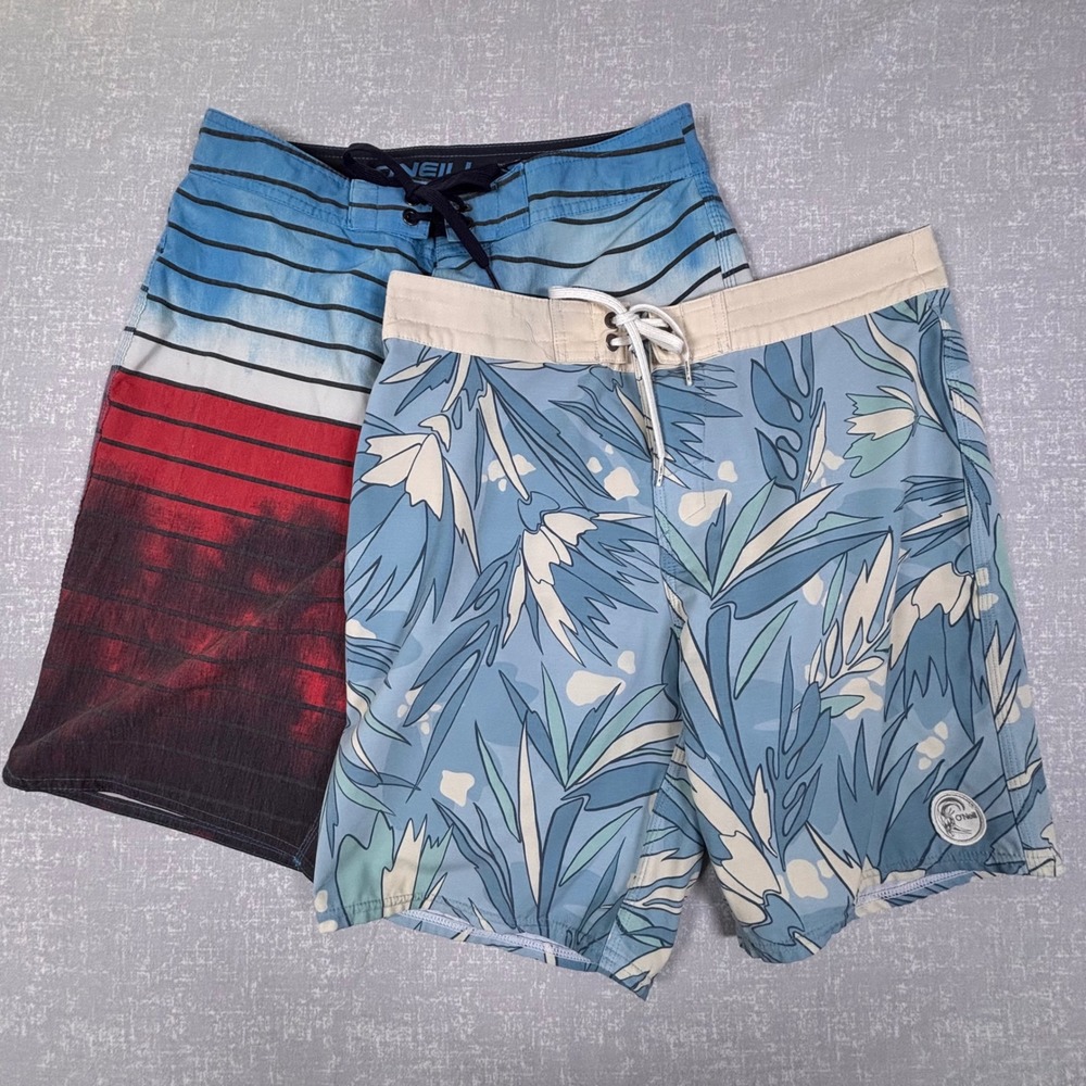Lot of 2 O'Neill Mens Board Shorts Size 30 Blue Floral & Red Striped Swim Trunks